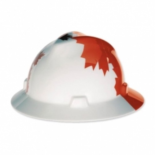 MSA 10082234 Freedom Series V-Gard Full Brim Hard Hat with with Red Maple Leaf - White