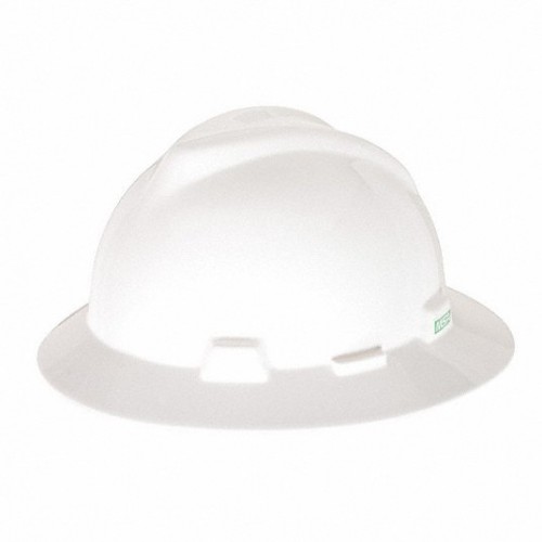 White MSA Full Brim Hard Hat with Ratchet Suspension WITH LOGO