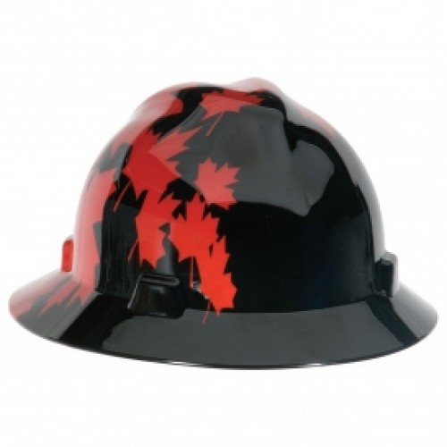 MSA 10082235 Freedom Series V-Gard Full Brim Hard Hat with with Red Maple Leaf - Black