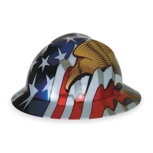 MSA 10071159 Full BrimRatchet hard Hat with US Flag and an Eagle on each side