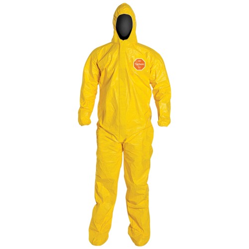 DuPont™ Tychem® 2000 Coverall. Standard Fit Hood. Stormflap. Elastic Wrists. Attached Socks. Serged Seams. Yellow.